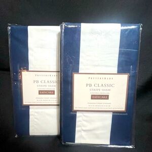 2 Pottery Barn PB Classic Sham Standard Egyptian Cotton Navy White Stripe
